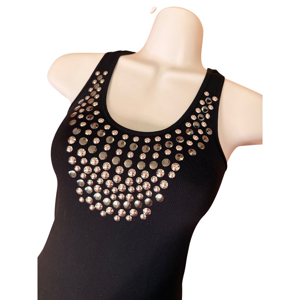 Y2K 2000s style Knitro Black Tank Top Studded Embellished Neckline